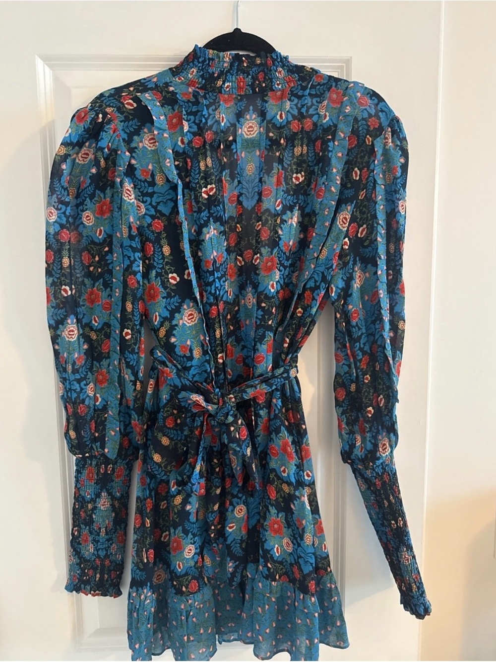 FARM Rio Teal Blue Floral Long-Sleeve Mini Dress